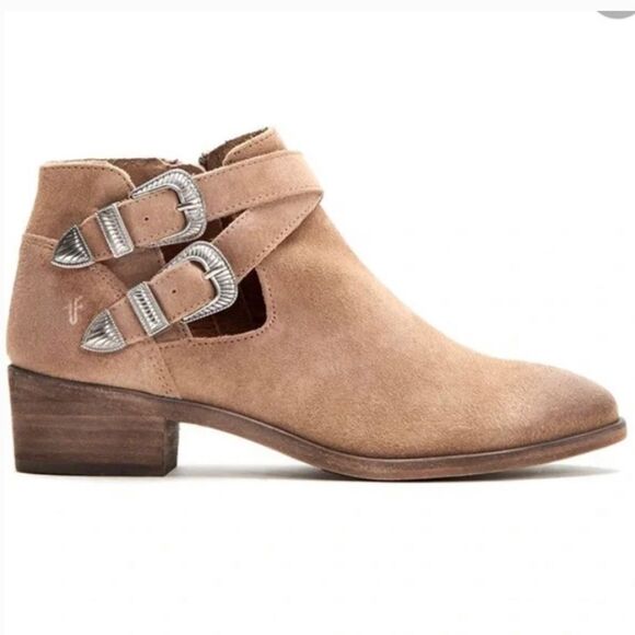 Frye Ray Western Booties Shootie Ankle Boots Size 6 Tan Leather Silver Buckles - Picture 2 of 13